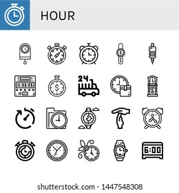 Set of hour icons such as Chronometer, Clock, Alarm clock, Time is money, Grip, Digital clock, hours delivery, Delivery time, Time, Watch, out, Timer, Wall Wristwatch , hour