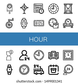 Set of hour icons such as Clock, Pocket watch, Wristwatch, Time, Digital clock, Hourglass, Table clock, Watch, hours delivery, Sundial, Timer, Delivery date, hours , hour