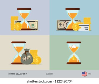 Set of hourglass with 5 US Dollar Banknote. Flat style vector illustration. Time and Business concept.