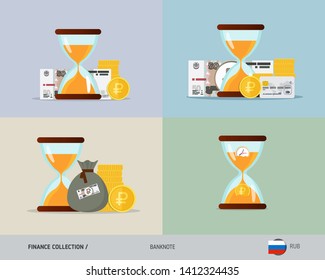 Set of hourglass with 50 Russian Ruble banknote. Flat style vector illustration. Time and Business concept.