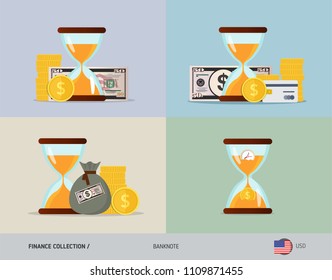Set of hourglass with 50 US Dollar Banknote. Flat style vector illustration. Time and Business concept.