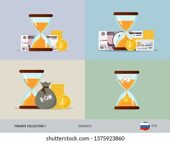 Set of hourglass with 500 Russian Ruble banknote. Flat style vector illustration. Time and Business concept.