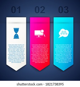 Set Hourglass, Computer monitor diagnostics and Five stars rating review. Business infographic template. Vector.