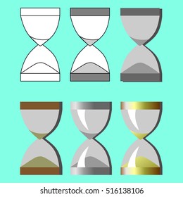 Set hourglass in different styles on a blue background. Vector illustration