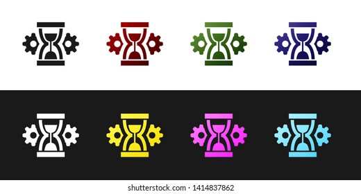 Set Hourglass and gear icon isolated on black and white background. Time Management symbol. Clock and gear icon. Productivity symbol. Vector Illustration