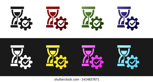 Set Hourglass and gear icon isolated on black and white background. Time Management symbol. Clock and gear icon. Productivity symbol. Vector Illustration