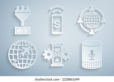 Set Hourglass and gear, Outsourcing concept, Globe with flying plane, Voice assistant, Contactless payment and Lead management icon. Vector