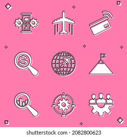 Set Hourglass and gear, Plane, Contactless payment, Magnifying dollar, Globe with flying plane and Mountains flag icon. Vector