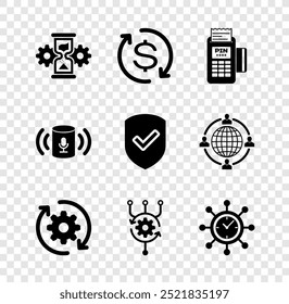 Ajuste a ampulheta e engrenagem, Retorno do investimento, terminal POS, fluxo de trabalho de setas de engrenagem, Algoritmo e ícone Relógio. Vetor