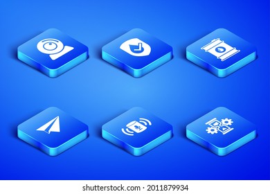 Ajuste el reloj de arena y el engranaje, la cámara web, el asistente de voz, el plano de papel, el icono de aceite impermeable y de barril. Vector
