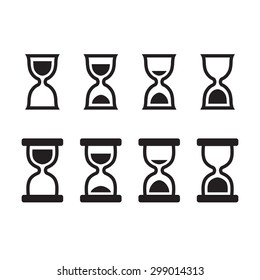 Set of hourglass icons in two styles, four states of sand position. Simple and clean line icons.