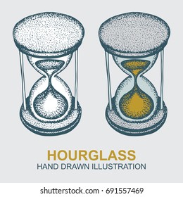 Set of hourglass in old fashioned etched style. 
Hand drawn vector illustration.