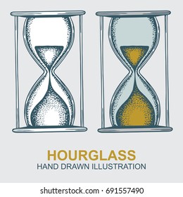 Set of hourglass in old fashioned etched style. 
Hand drawn vector illustration.