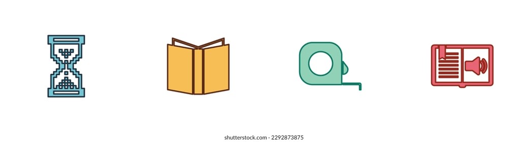 Set Hourglass pixel, Open book, Roulette construction and Audio icon. Vector