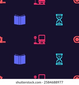 Set Hourglass pixel, Open book, Bus stop and Roulette construction on seamless pattern. Vector