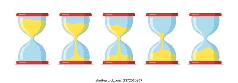 Set of hourglass with sand. Sandglass icon, glass timer for animation design. Concept of deadline, countdown measurement. vector illustration