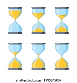 Set of hourglass. Sandglass cartoon icons with animation frames. Vintage hourglass process timer sand. Antique sandclock. Template design for app ui, score display, game element. Vector illustration