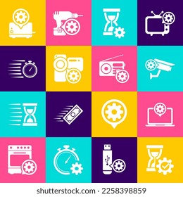 Set Hourglass setting, Laptop, Security camera, , Video and Stopwatch icon. Vector