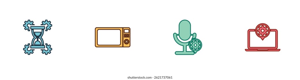 Ajuste a configuração da ampulheta, forno de micro-ondas, ícone do microfone e laptop. Vetor