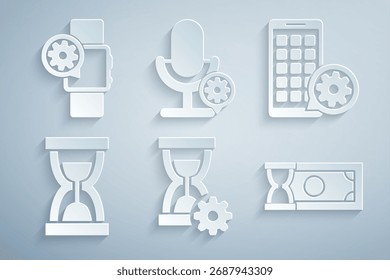 Set Hourglass setting, Mobile Apps, Old hourglass with sand, Fast payments, Microphone and Smartwatch icon. Vector