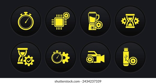 Set Hourglass setting, , Time management, Video camera, Blender with bowl and Processor icon. Vector