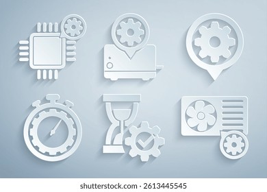 Set Hourglass setting, Setting, Time management, Air conditioner, Toaster and Processor icon. Vector