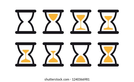Set of hourglass sprites illustration for animation frames. Black sand clocks and timers collection on white background.