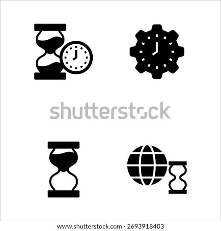 Set of hourglass time clock gear solid filled icons.
