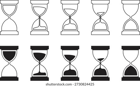 Satz von Sanduhr-Vektorkonturdesign einzeln auf weißem Hintergrund.