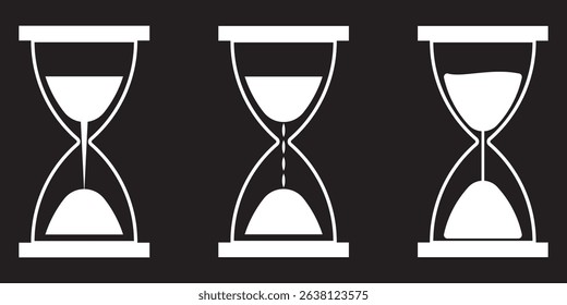 Set of hourglasses silhouette. Hand drawn hourglasses silhouette isolated on Black background. Vector illustration. EPS 10.