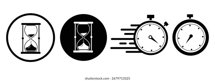 Set of hourglasses vector icons. Time passing concept. Sandglass timer collection. Cartoon countdown clock. Deadline, waiting, history symbol. Vintage measurement tool