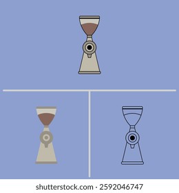 A set of hourglass-shaped coffee grinders in three styles: flat color, outline, and monochrome