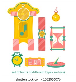 Set of hours of different time and look. Objects are isolated. Vector