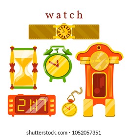 Set of hours of different time and look. Objects are isolated. Vector