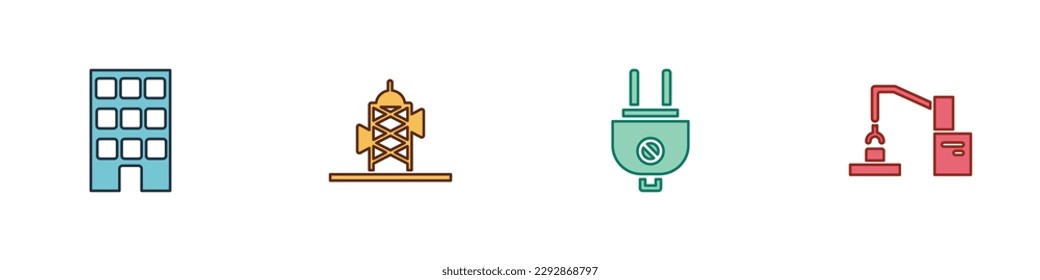 Set House, Antenna, Elektro-Stecker und Roboter Arm-Fabrik-Symbol. Vektorgrafik