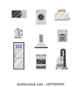 Set of House Appliances with Microwave, Toaster, Vacuum, Coffee Machine, Fridge, Stove, Kettle, Washer, Kitchen Hood. Flat Vector Illustration on  White Background. 