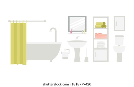 Set of house bathroom inner furnishing including bathtub and sink with mirror, flat vector illustration isolated on white background. Cartoon icons bundle of toilet room.