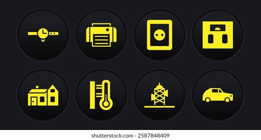 Set House, Bathroom scales, Meteorology thermometer, Antenna, Electrical outlet, Printer, Car and Wrist watch icon. Vector