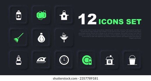 Set House, Bucket, Bolsa de basura, Botella y placa de lavado de lavado de lavado, Goma de goma, Plancha Eléctrica, Barra de jabón e Icono de Reloj. Vector