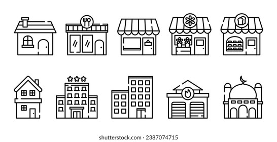 Conjunto de icono de la casa y de la línea de construcción. Residencia, restaurante, tienda, floristería, panadería, hotel, oficina, chimenea, mezquita.