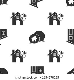 Set House, House building in speech bubble and House with shield on seamless pattern. Vector