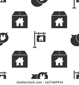 Set House building in speech bubble, Hanging sign with text Sale and Cardboard box with house on seamless pattern. Vector