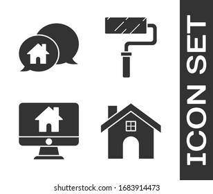 Set House, Casa en burbuja de voz, Monitor de ordenador con hogar inteligente e icono de pincel de rodillos de pintura. Vector