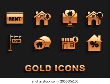 Set House building in speech bubble, Search house, with percant discount tag, dollar symbol, Hanging sign text Sold, Monitor heart shape, Online Rent and  icon. Vector