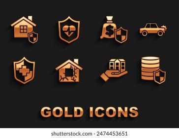Set House, Car, Money with shield, in hand, Life insurance,  and  icon. Vector