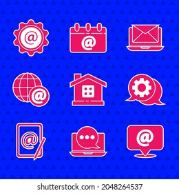 Set House, Chat messages notification on laptop, Mail and e-mail, Speech bubble chat, Earth globe with, Laptop envelope and  icon. Vector