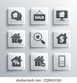 Set House with check mark, Closed door, dollar symbol, Search house, percant discount, heart shape, Real estate message and Location icon. Vector