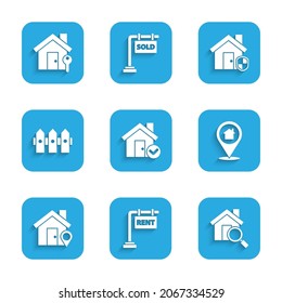 Set House with check mark, Hanging sign Rent, Search house, Location, Garden fence wooden, under protection and key icon. Vector