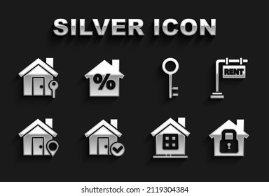 Establecer Casa con marca de verificación, Alquiler de señalización colgante, bajo protección, Casa de ubicación, clave e icono de descuento percant. Vector