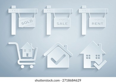 Set House with check mark, Hanging sign For Rent, Shopping cart house, Sale and Sold icon. Vector